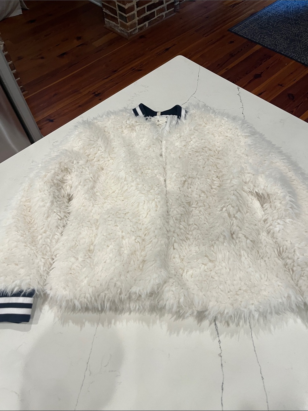 Lou & Grey Women’s White Faux Fur Bomber Jacket with Navy Trim